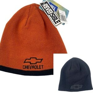 GM Chevrolet Orange Black Reversible Knit Beanie Hat New with Tags